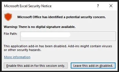 Cảnh báo của Excel khi thực thi file add-in độc hại Cảnh báo của Excel khi thực thi file add-in độc hại