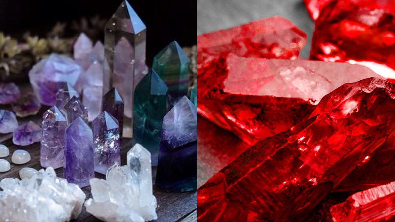 Đá thạch anh (trái) và đá ruby (phải). Đá thạch anh (trái) và đá ruby (phải).