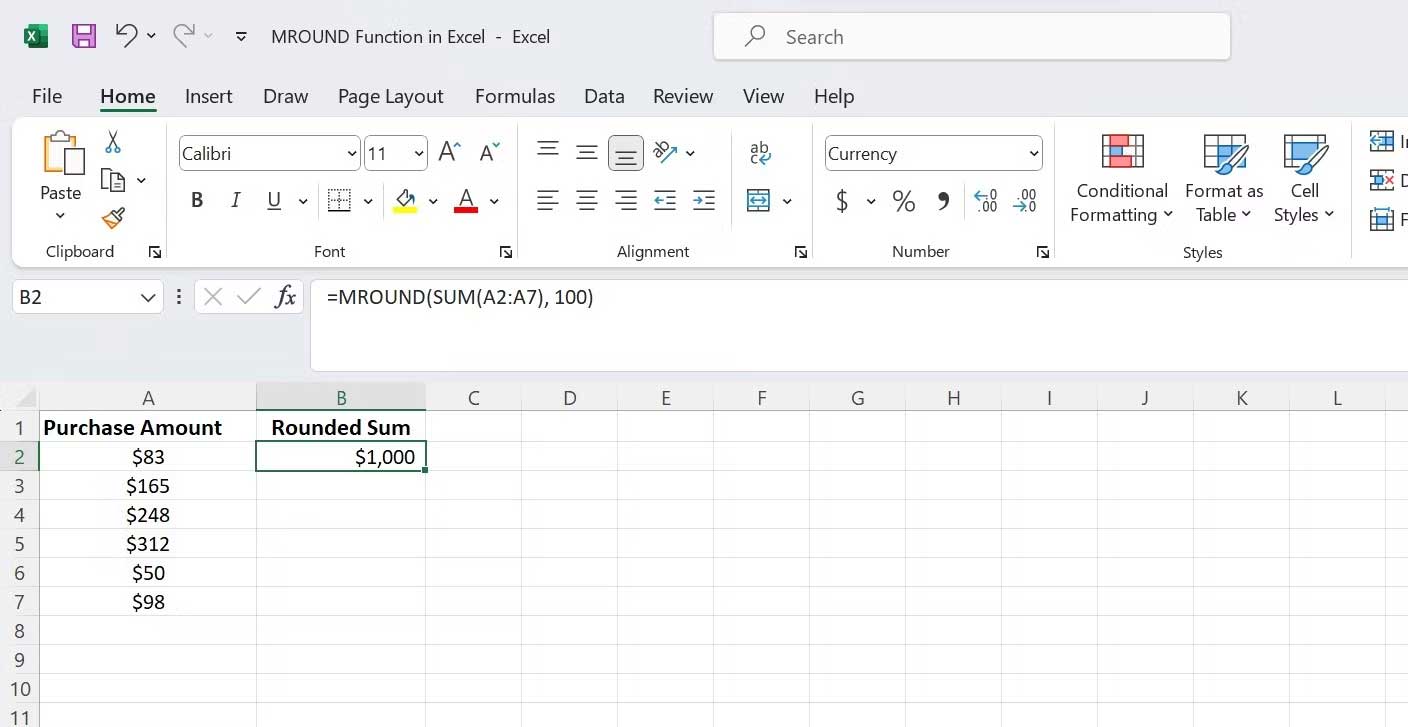 Dùng MROUND với SUM
