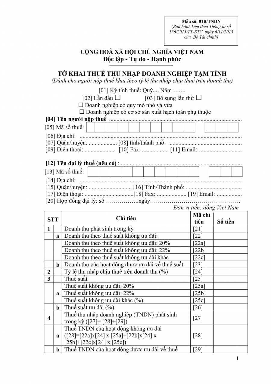 Tờ khai thuế TNDN theo quý