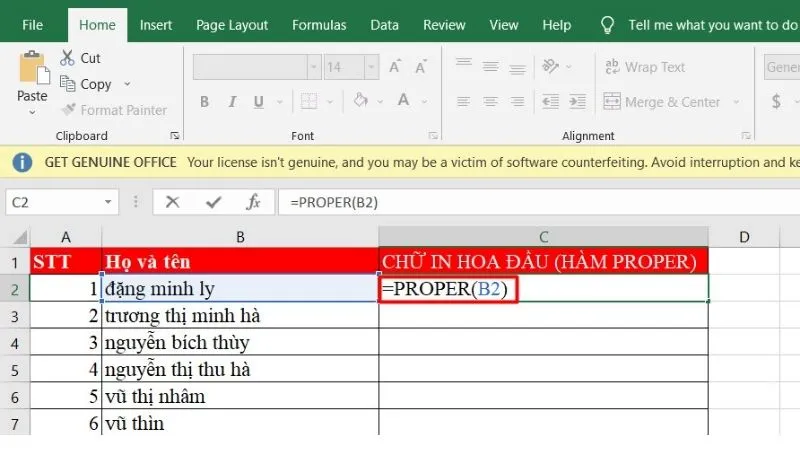 Nhập cú pháp =PROPER(B2)