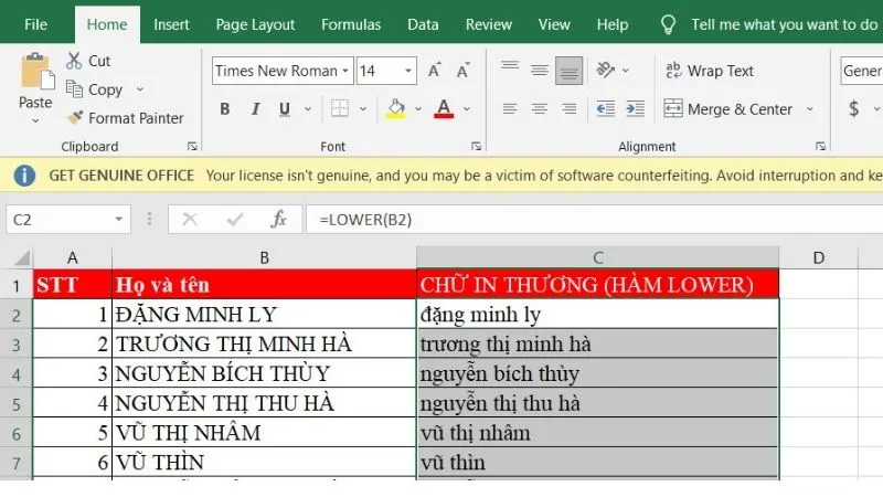 Kéo biểu tượng Fill Handle đến phạm vi muốn chuyển đổi để áp dụng cho vùng dữ liệu khác