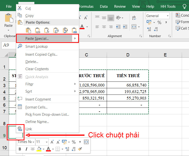 Cách mở hộp thoại paste special trong Excel