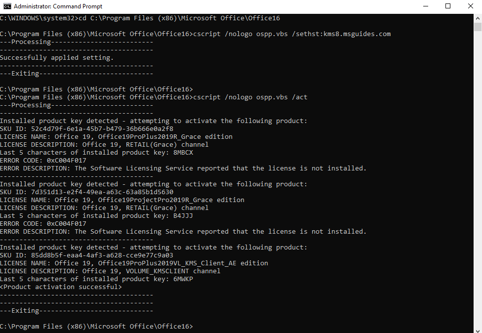 Kết quả sau khi nhập lệnh CMD kích hoạt Office 2019