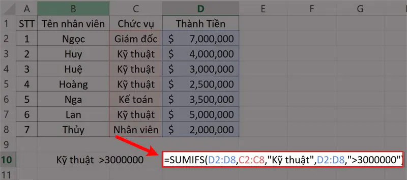 Cách sử dụng hàm SUMIFS tính tổng nhiều điều kiện trong Excel - Ví dụ 1 - Bước 1