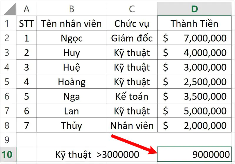 Cách sử dụng hàm SUMIFS tính tổng nhiều điều kiện trong Excel - Ví dụ 1 - Bước 2