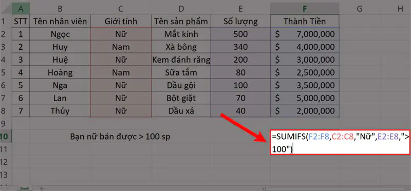 Cách sử dụng hàm SUMIFS tính tổng nhiều điều kiện trong Excel - Ví dụ 2 - Bước 1