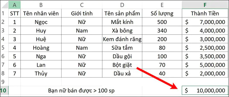 Cách sử dụng hàm SUMIFS tính tổng nhiều điều kiện trong Excel - Ví dụ 2 - Bước 2