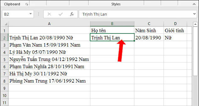Hướng dẫn tách dữ liệu Excel 2013, 2016, 2019 - Cách 1 - B1