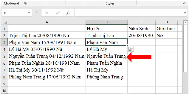 Hướng dẫn tách dữ liệu Excel 2013, 2016, 2019 - Cách 1 - B2