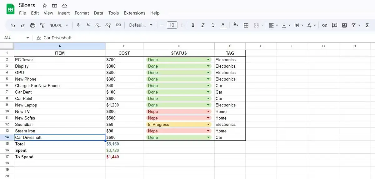 Dùng slicer với bảng dữ liệu trong Google Sheets