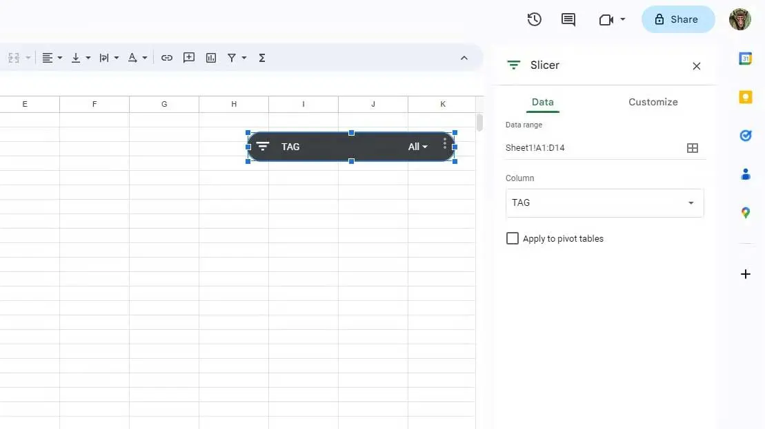 Dùng slicer với bảng dữ liệu trong Google Sheets - Bước 1
