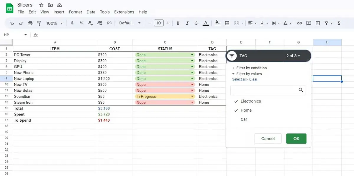Dùng slicer với bảng dữ liệu trong Google Sheets - Bước 2