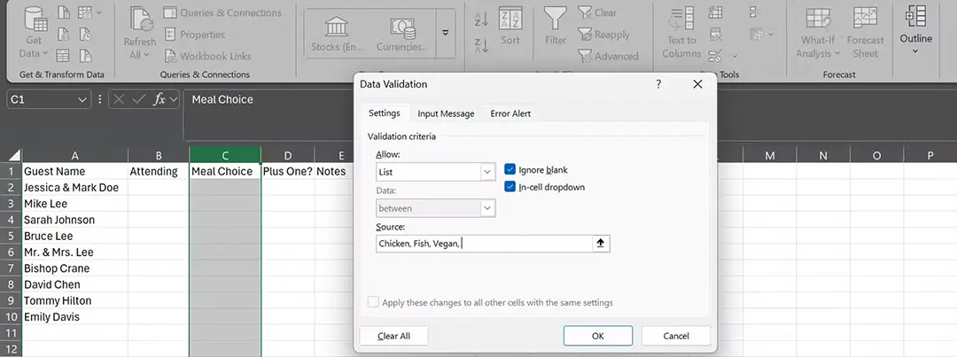 Trang cài đặt Data Validation trong Microsoft Excel