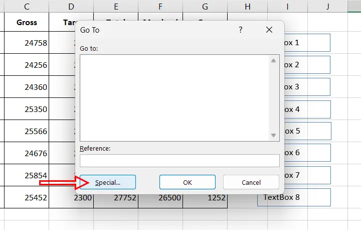 Xóa tất cả các hộp văn bản hoặc các đối tượng khác trong trang tính đang hoạt động với chức năng Go To - Bước 1