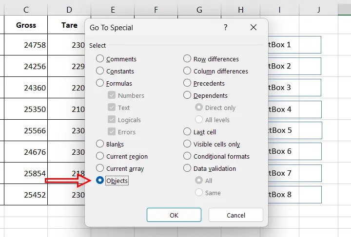 Xóa tất cả các hộp văn bản hoặc các đối tượng khác trong trang tính đang hoạt động với chức năng Go To - Bước 2