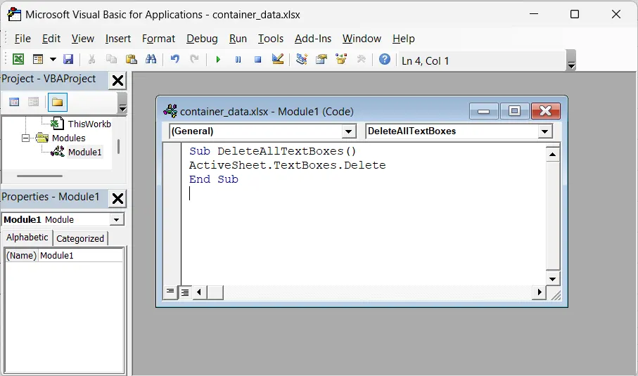 Xóa tất cả các hộp văn bản trong trang tính đang hoạt động với mã VBA - Bước 3