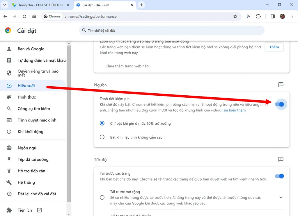 Hướng dẫn kích hoạt chế độ tiết kiệm pin trên trình duyệt Chrome - Bước 2