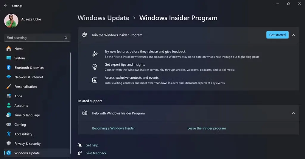 Trang Windows Insider Program được hiển thị trong ứng dụng Settings trên PC chạy Windows 11