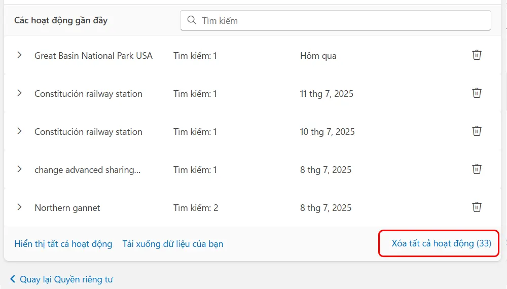Xóa lịch sử tìm kiếm lưu trữ trên đám mây - Bước 3