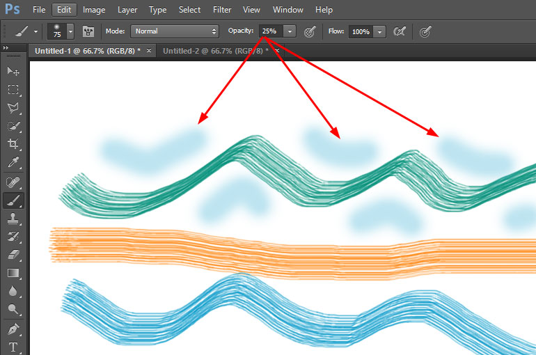 Các tùy chỉnh khi sử dụng Brush Tool trong Photoshop - Chỉnh độ trong suốt cho nét vẽ