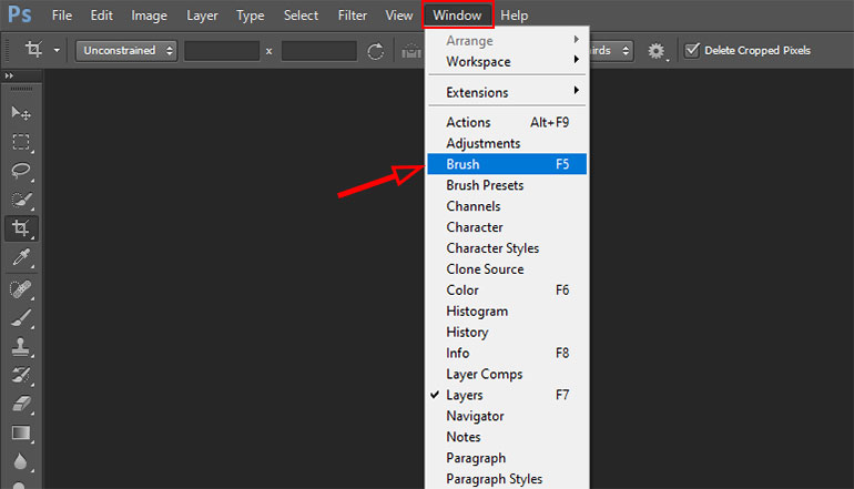 Chọn "Windows" và chọn tiếp "Brushes"