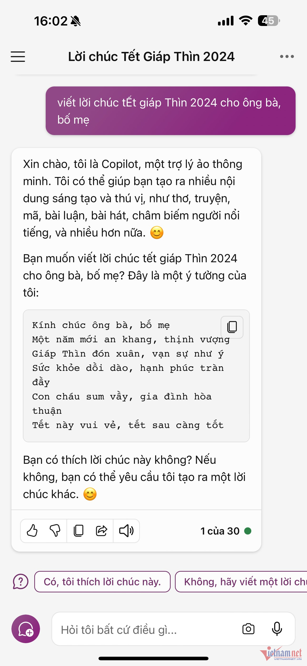 Viết lời chúc Tết Giáp Thìn 2024 bằng Copilot - Bước 2