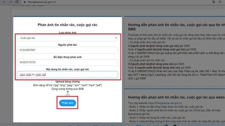 Chặn tin nhắn, cuộc gọi rác thông qua website VNCERT - Bước 2