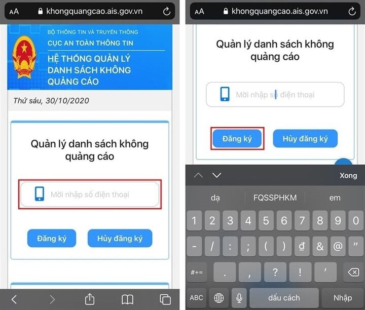 Đăng ký vào danh sách không quảng cáo - Bước 1