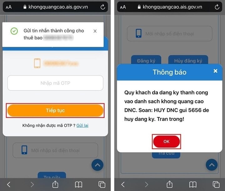 Đăng ký vào danh sách không quảng cáo - Bước 2