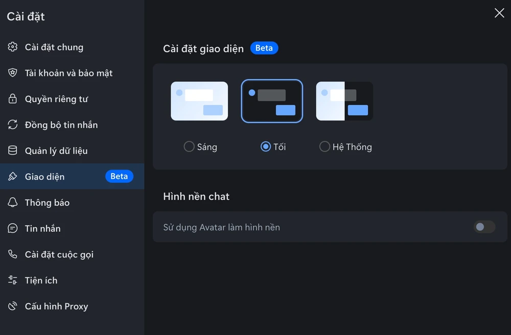 Kích hoạt chế độ tối khi sử dụng Zalo trong phần cài đặt. Ảnh: TIỂU MINH
