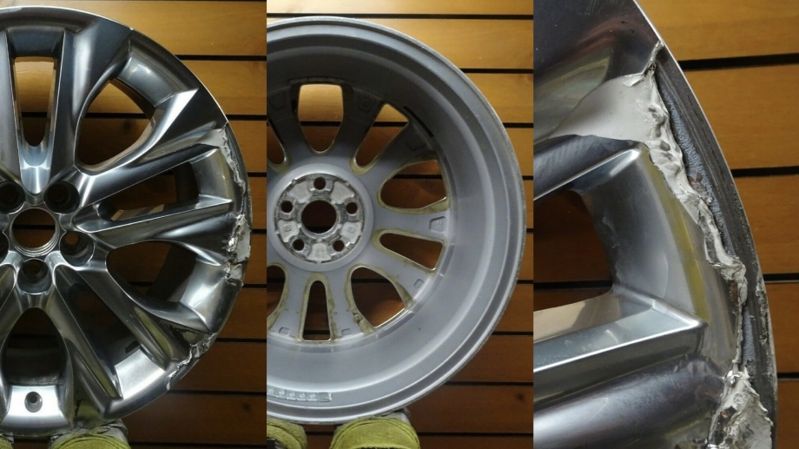 Mặt ngoài và trong của vành ốp chrome xe Toyota Highlander, có thể thấy rõ chất làm đầy màu xanh xám (ảnh sát bìa phải)